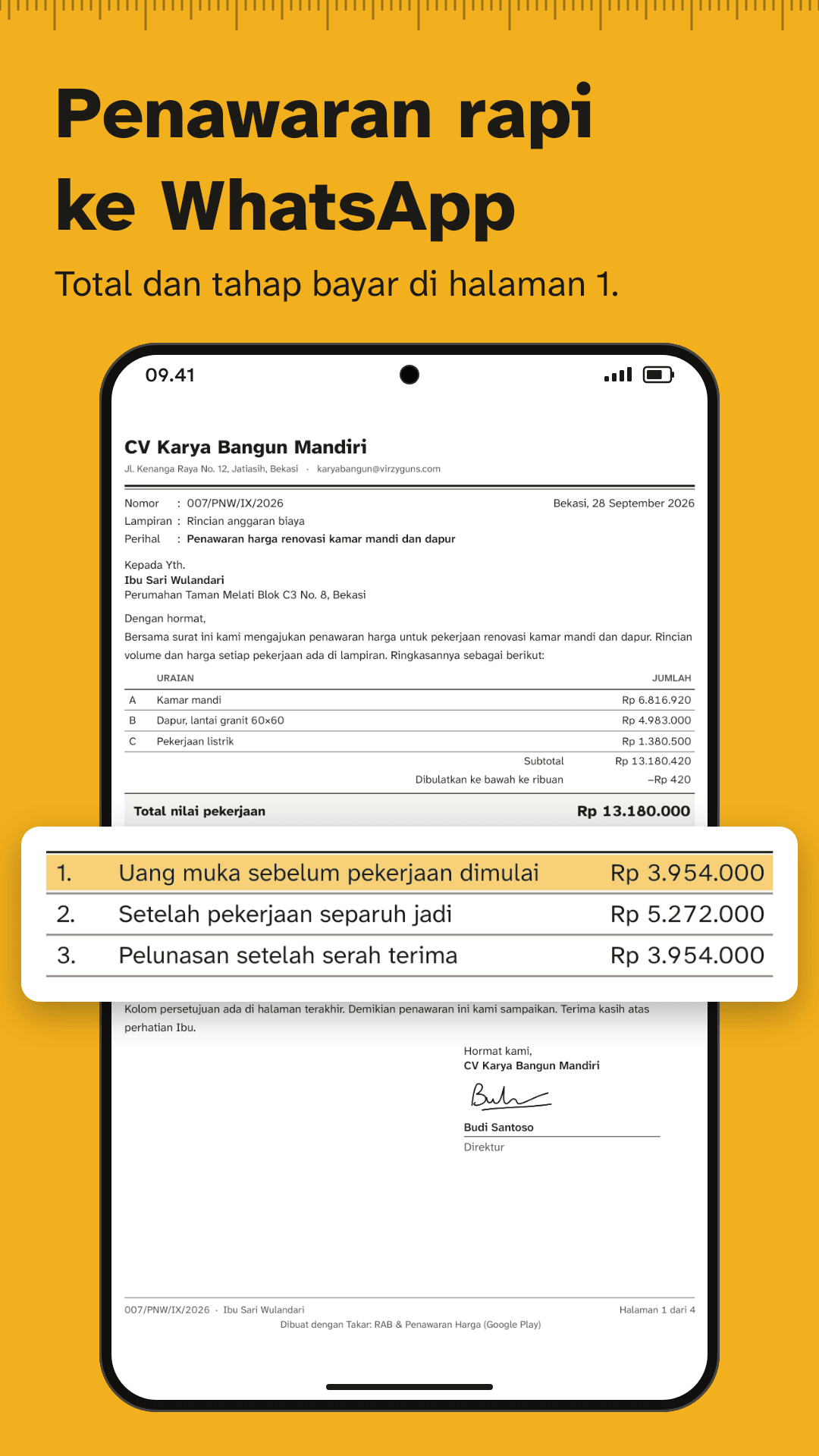 Halaman 1 surat penawaran PDF dengan kop kontraktor, ringkasan biaya per bagian pekerjaan, total, tahapan pembayaran, dan tanda tangan.