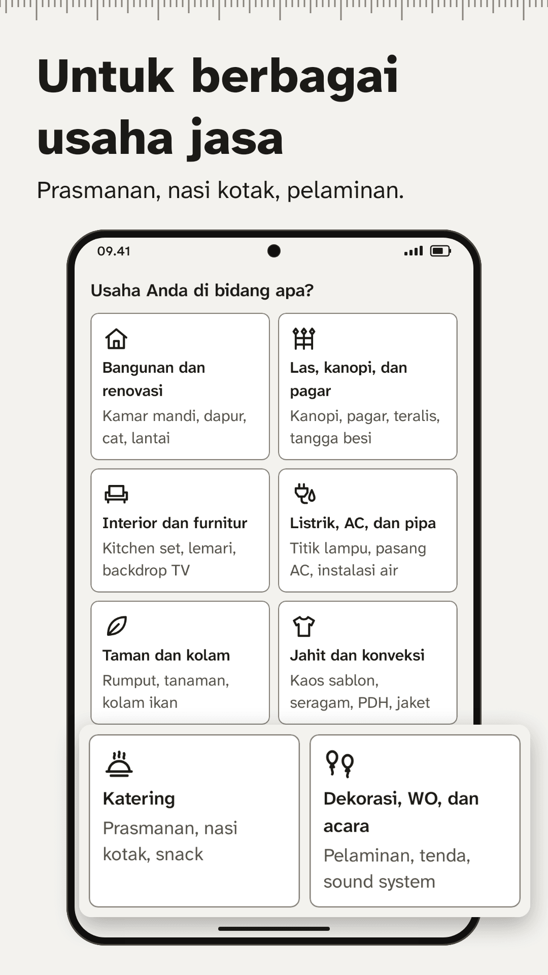 Layar pertama Takar yang menanyakan bidang usaha: bangunan, las, interior, listrik, taman, konveksi, katering, serta dekorasi dan acara.