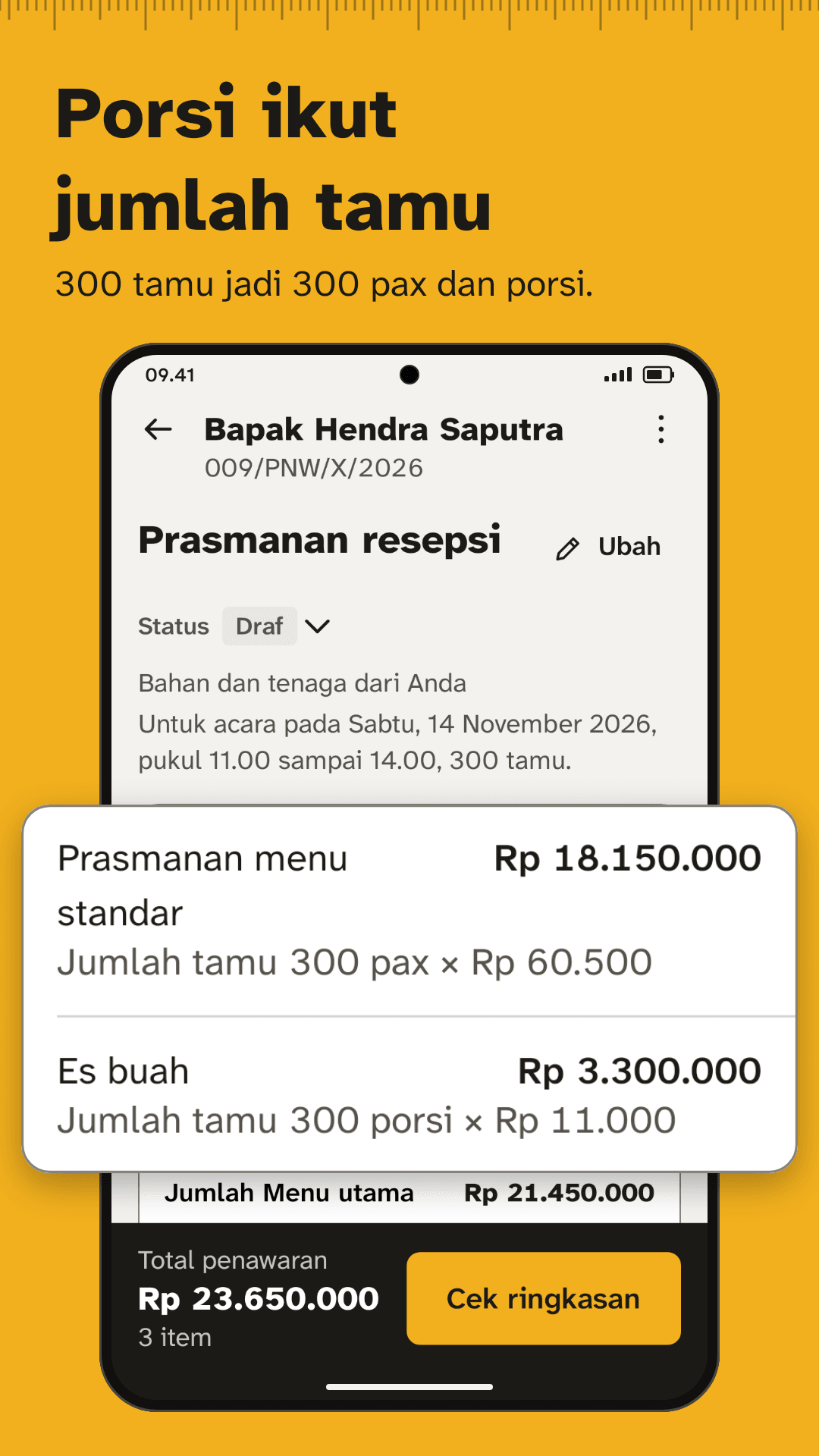 Editor penawaran katering: prasmanan dan es buah untuk 300 tamu dihitung 300 porsi, dengan kalimat acara Sabtu 14 November 2026.