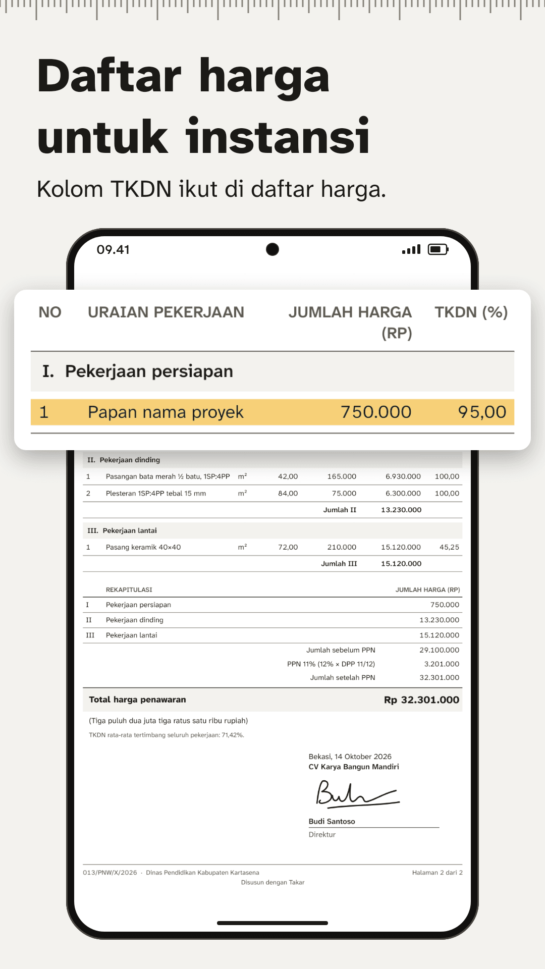 Daftar kuantitas dan harga PDF untuk instansi: uraian pekerjaan, volume, harga satuan, jumlah, TKDN, rekapitulasi, PPN, dan total.
